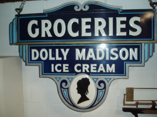 Vintage Dolly Madison Ice Cream Parlor Sign. Description: Dolly Madison double sided metal store advertising sign with great colors and details.